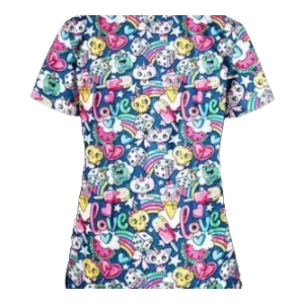 NWOT | Strictly Scrubs | Candyland Dreams Royal 4-Pocket V-Neck Print Scrub Top - Picture 2 of 5